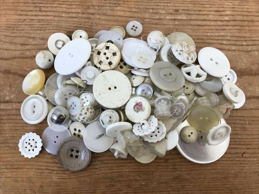 Vintage Mid Century Antique Set Lot Assorted Mixed White Plastic Wooden Buttons